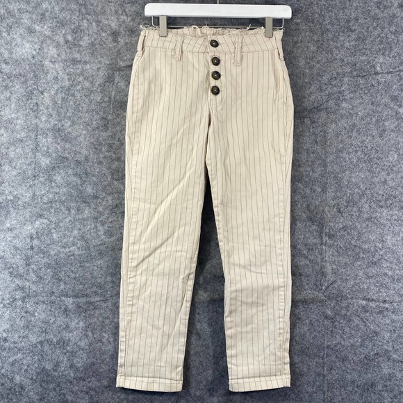 Free People Pants Beige 4 Stripe High Rise Button Fly Tapered Slim Leg High Rise - Picture 1 of 12